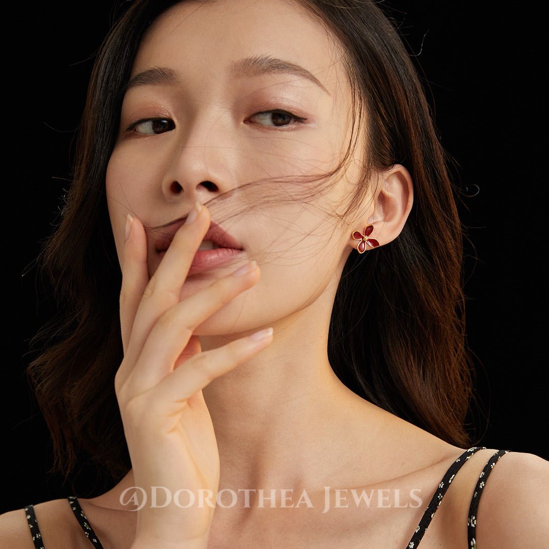 Chic Red Floral Enamel Studs｜S925 Sterling Silver - DOROTHEA JEWELS