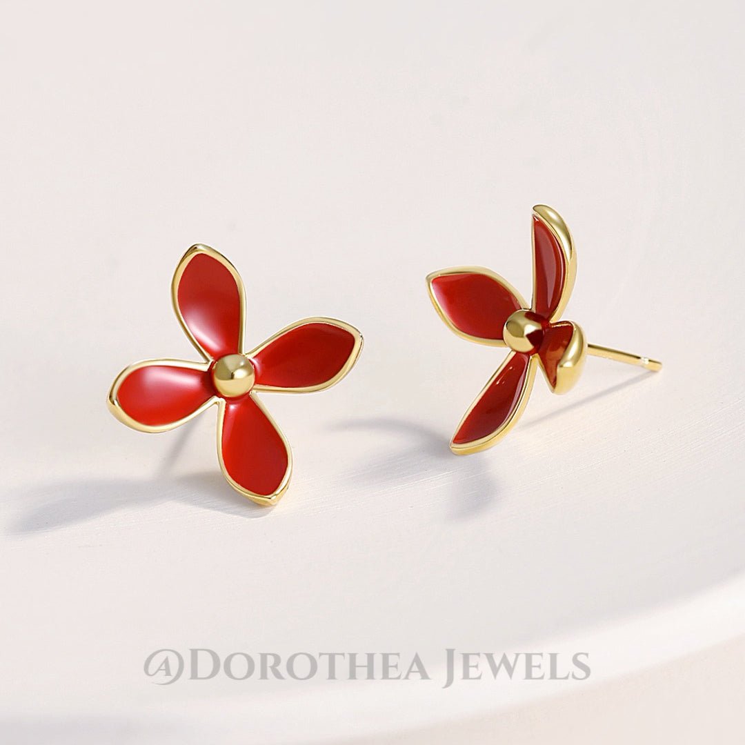 Chic Red Floral Enamel Studs｜S925 Sterling Silver - DOROTHEA JEWELS