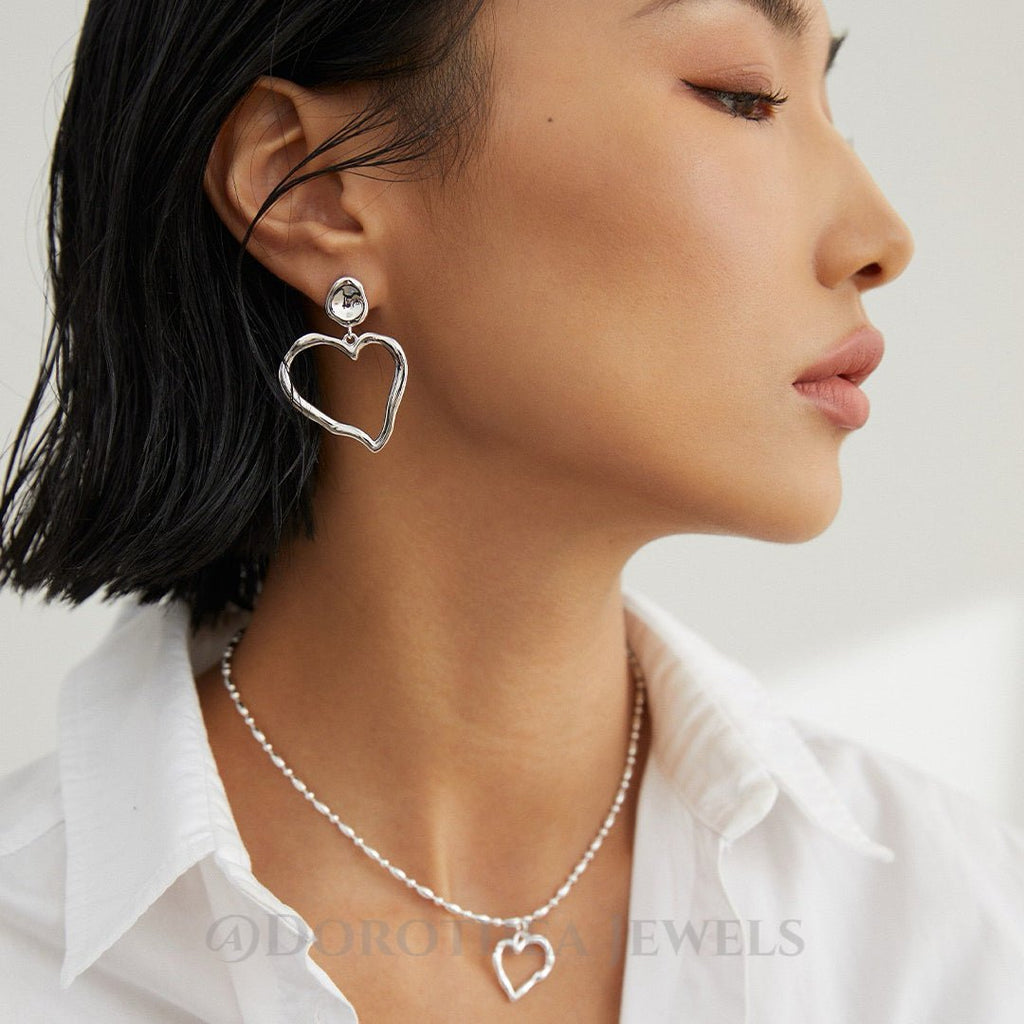 S925 Silver Asymmetric Heart Earrings | Necklace - DOROTHEA JEWELS