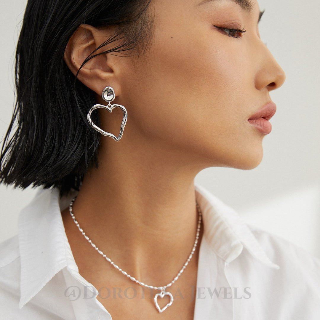 S925 Silver Asymmetric Heart Earrings | Necklace - DOROTHEA JEWELS