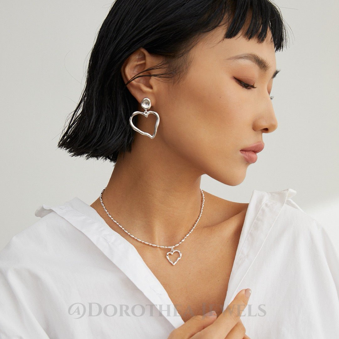 S925 Silver Asymmetric Heart Earrings | Necklace - DOROTHEA JEWELS
