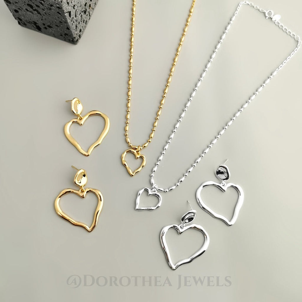 S925 Silver Asymmetric Heart Earrings | Necklace - DOROTHEA JEWELS