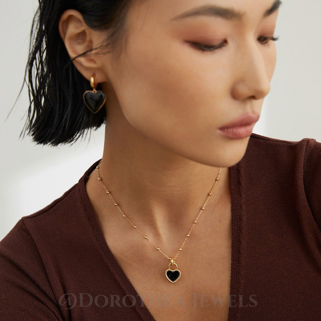 S925 Sterling Silver Black Enamel Heart Necklace | Beaded Chain Adjustable - DOROTHEA JEWELS