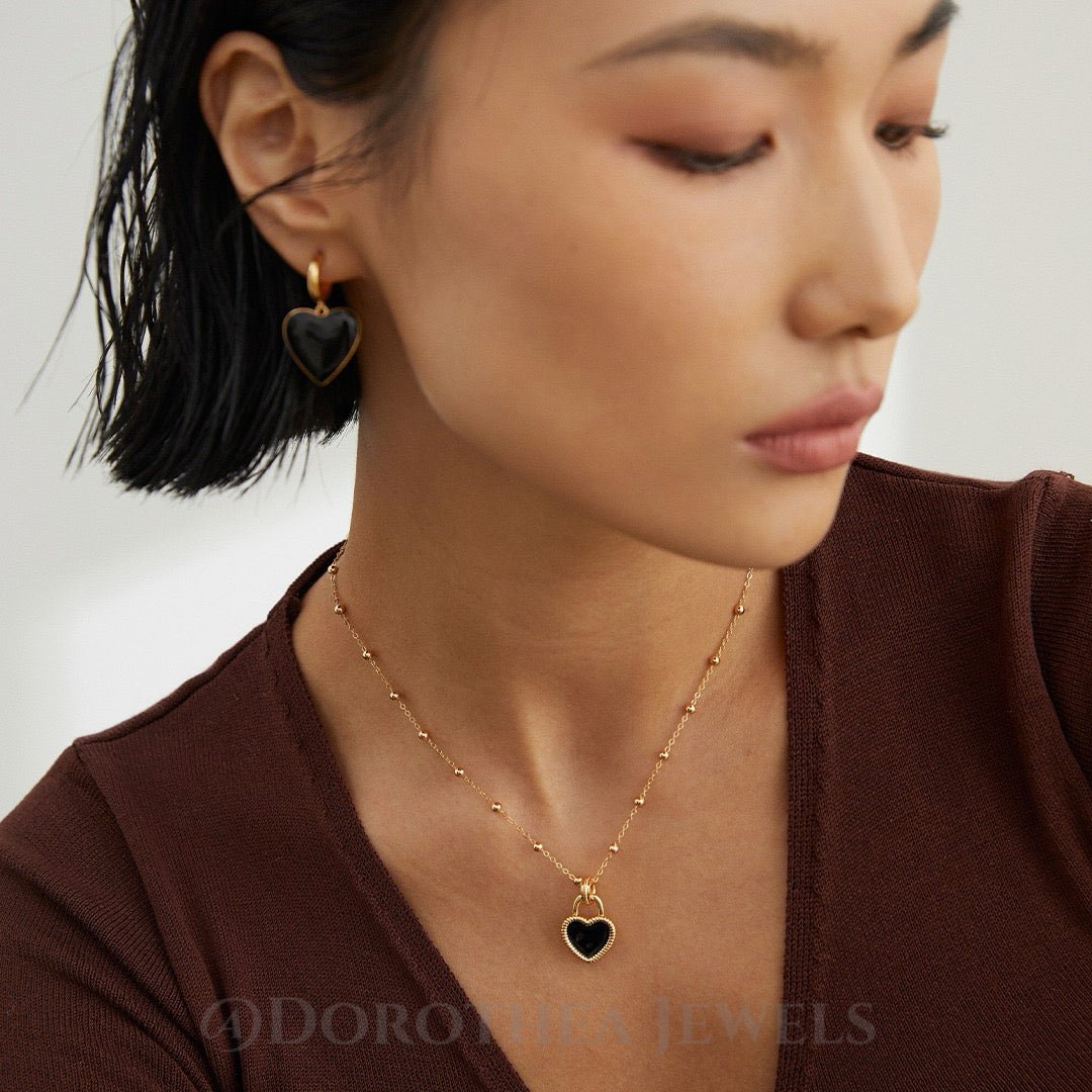S925 Sterling Silver Black Enamel Heart Necklace | Beaded Chain Adjustable - DOROTHEA JEWELS
