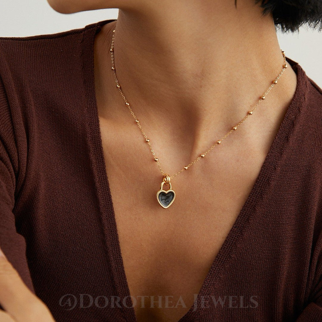 S925 Sterling Silver Black Enamel Heart Necklace | Beaded Chain Adjustable - DOROTHEA JEWELS