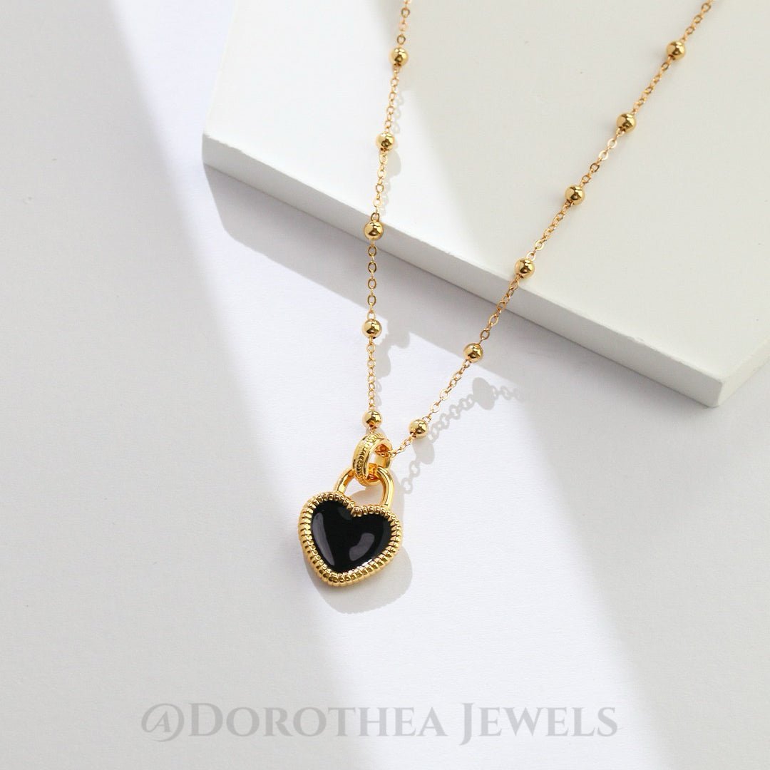 S925 Sterling Silver Black Enamel Heart Necklace | Beaded Chain Adjustable - DOROTHEA JEWELS