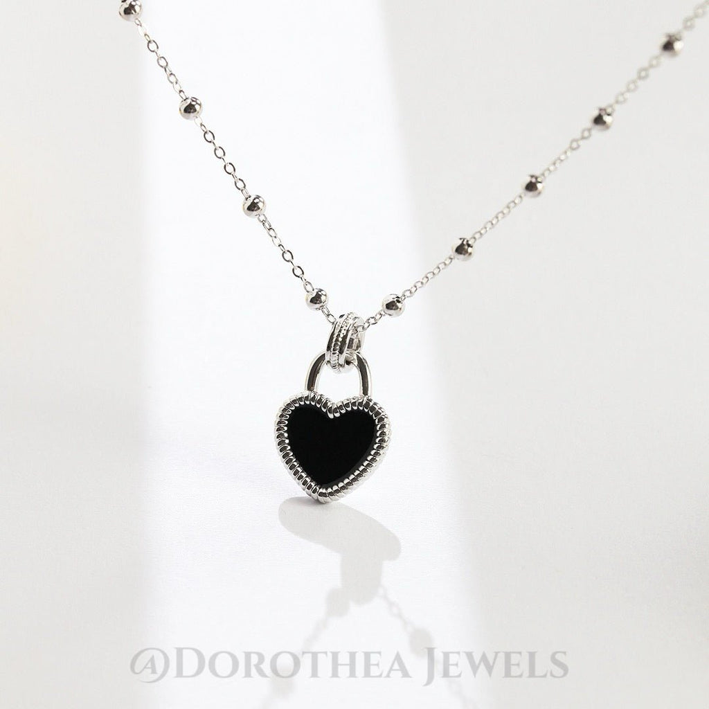 S925 Sterling Silver Black Enamel Heart Necklace | Beaded Chain Adjustable - DOROTHEA JEWELS