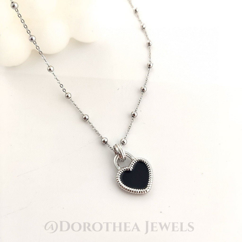 S925 Sterling Silver Black Enamel Heart Necklace | Beaded Chain Adjustable - DOROTHEA JEWELS