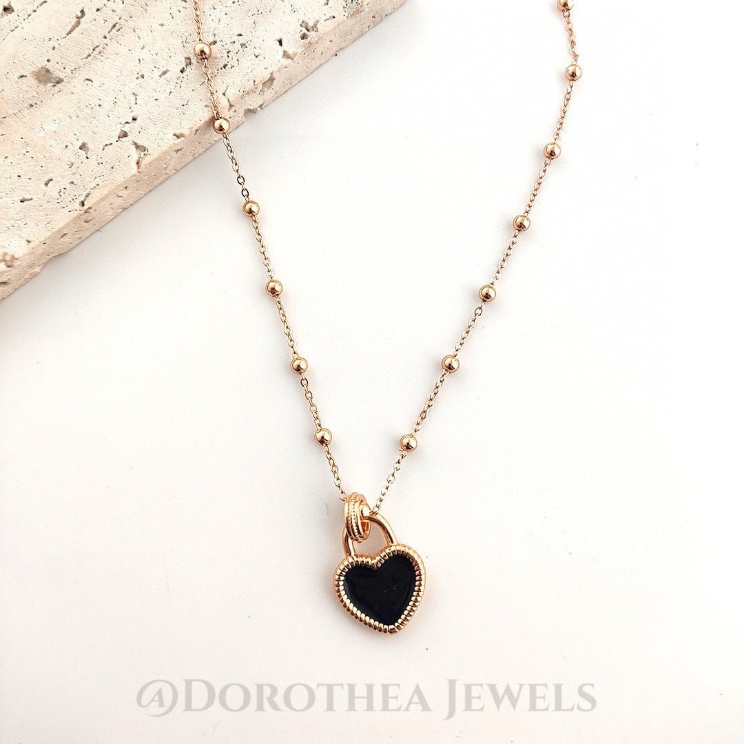 S925 Sterling Silver Black Enamel Heart Necklace | Beaded Chain Adjustable - DOROTHEA JEWELS