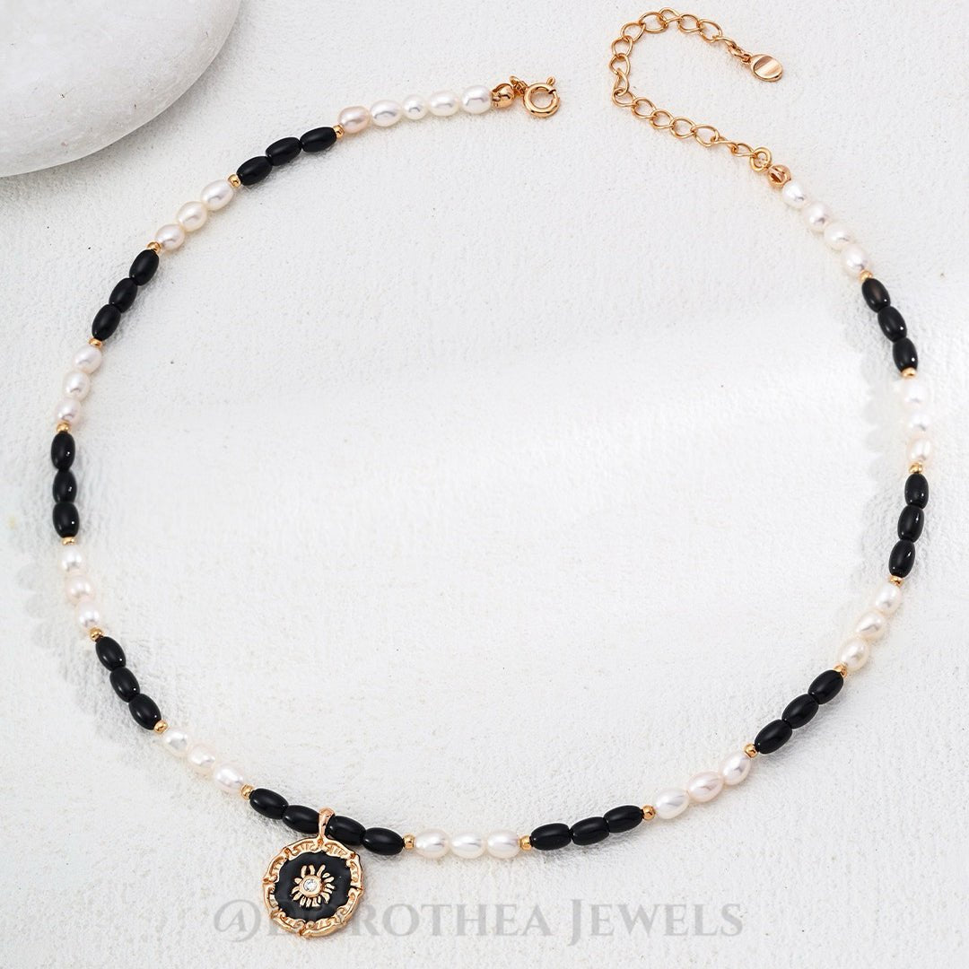 Vintage Sunburst Enamel Pendant Necklace | S925 Silver Natural Pearl & Black Onyx Beaded Choker | Retro Gold Tone - DOROTHEA JEWELS