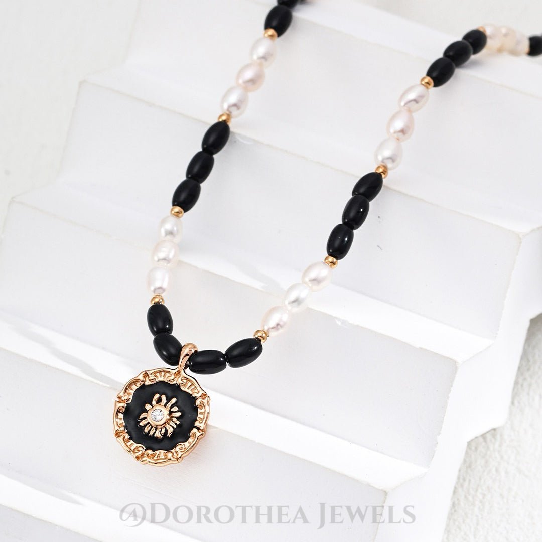 Vintage Sunburst Enamel Pendant Necklace | S925 Silver Natural Pearl & Black Onyx Beaded Choker | Retro Gold Tone - DOROTHEA JEWELS