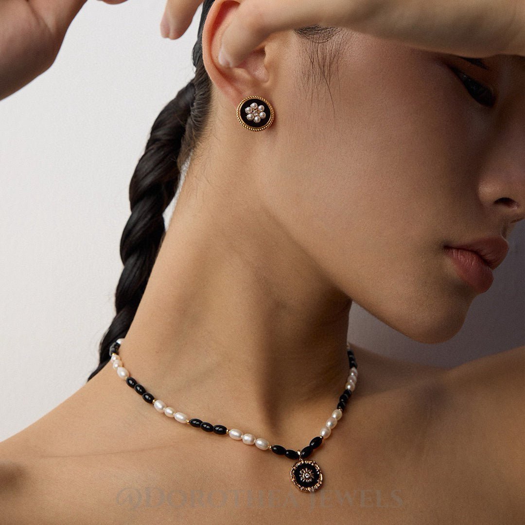 Vintage Sunburst Enamel Pendant Necklace | S925 Silver Natural Pearl & Black Onyx Beaded Choker | Retro Gold Tone - DOROTHEA JEWELS