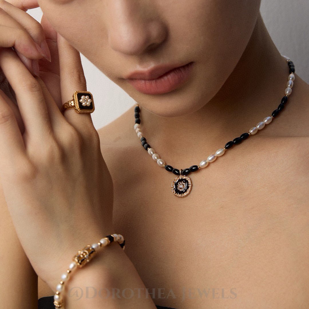 Vintage Sunburst Enamel Pendant Necklace | S925 Silver Natural Pearl & Black Onyx Beaded Choker | Retro Gold Tone - DOROTHEA JEWELS