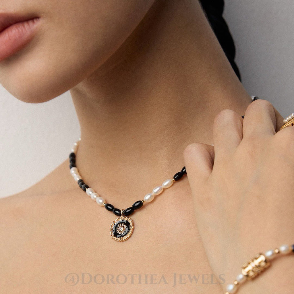 Vintage Sunburst Enamel Pendant Necklace | S925 Silver Natural Pearl & Black Onyx Beaded Choker | Retro Gold Tone - DOROTHEA JEWELS