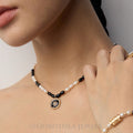 Vintage Sunburst Enamel Pendant Necklace | S925 Silver Natural Pearl & Black Onyx Beaded Choker | Retro Gold Tone - DOROTHEA JEWELS