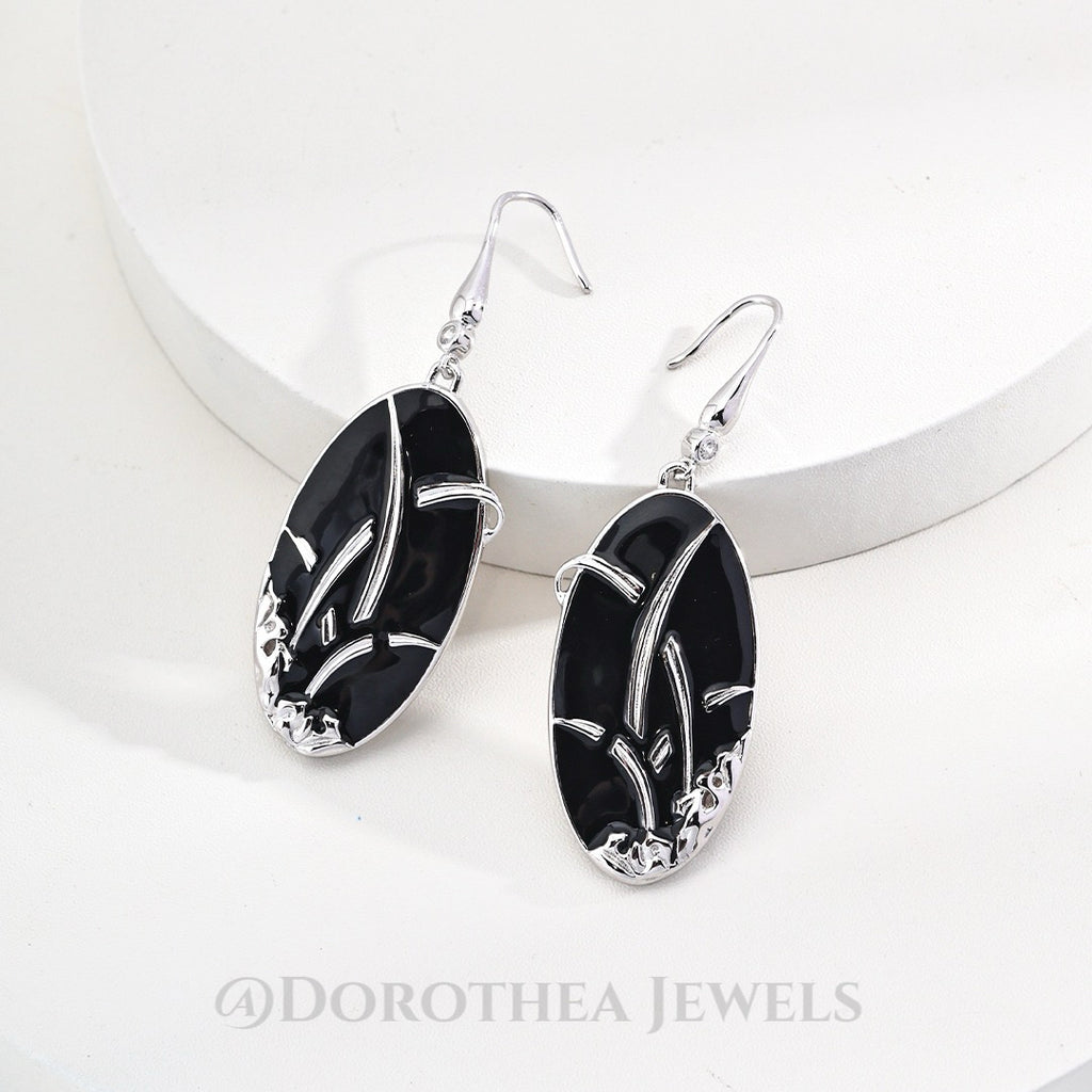 Vintage S925 Silver Black Enamel Drop Earrings - DOROTHEA JEWELS