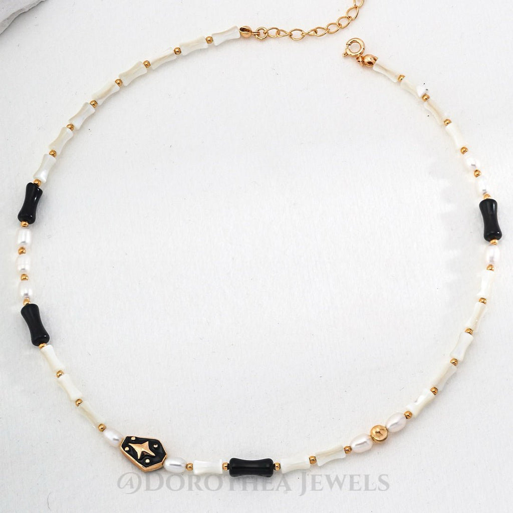 Vintage Gold S925 Silver Star Enamel Choker Necklace with Freshwater Pearl, Black Onyx & Trochus Shell Beads - DOROTHEA JEWELS