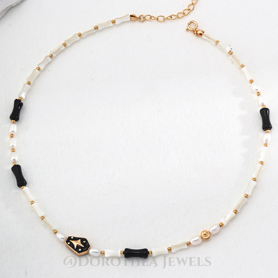 Vintage Gold S925 Silver Star Enamel Choker Necklace with Freshwater Pearl, Black Onyx & Trochus Shell Beads - DOROTHEA JEWELS