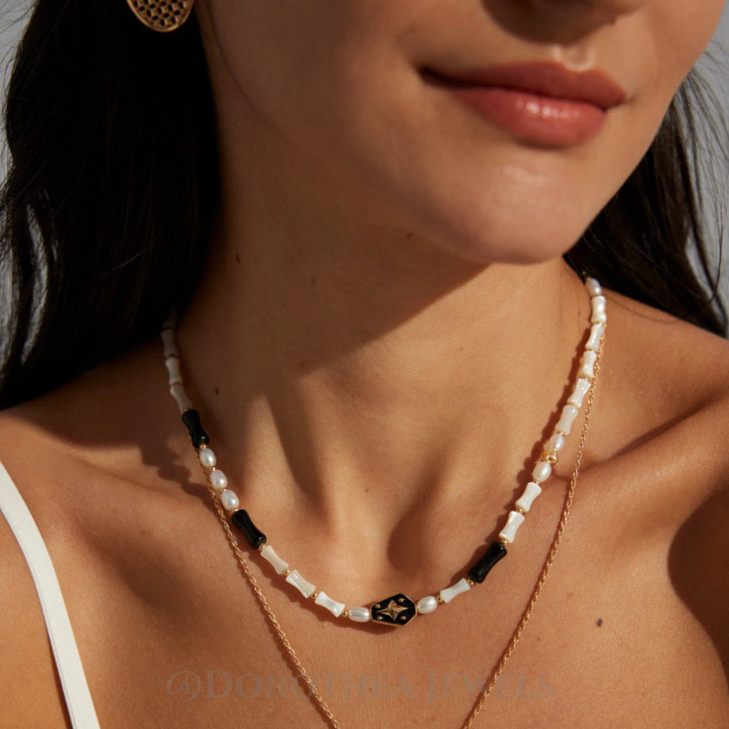 Vintage Gold S925 Silver Star Enamel Choker Necklace with Freshwater Pearl, Black Onyx & Trochus Shell Beads - DOROTHEA JEWELS