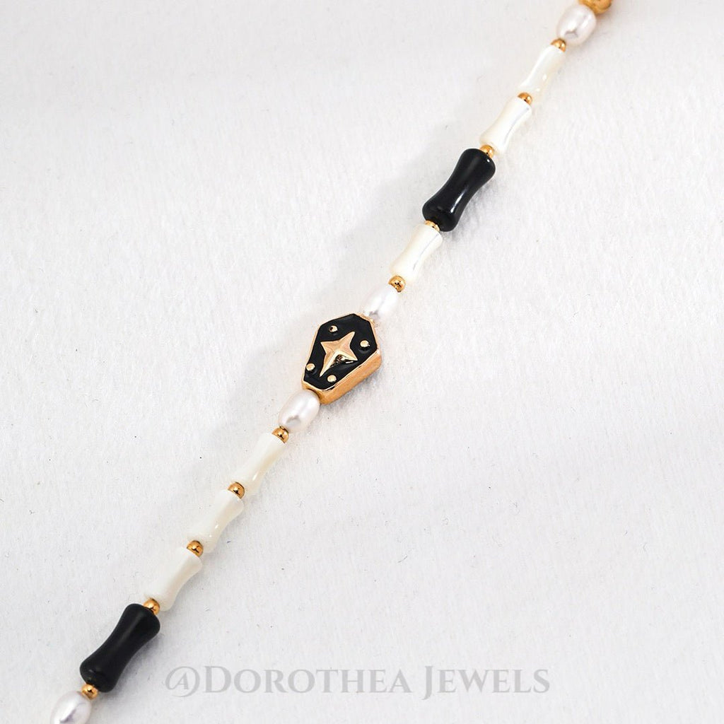 Vintage Gold S925 Silver Star Enamel Choker Necklace with Freshwater Pearl, Black Onyx & Trochus Shell Beads - DOROTHEA JEWELS