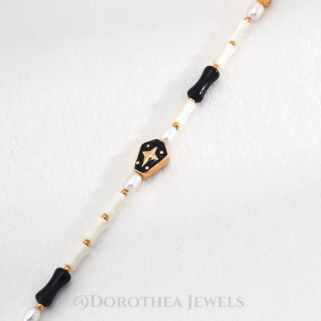 Vintage Gold S925 Silver Star Enamel Choker Necklace with Freshwater Pearl, Black Onyx & Trochus Shell Beads - DOROTHEA JEWELS