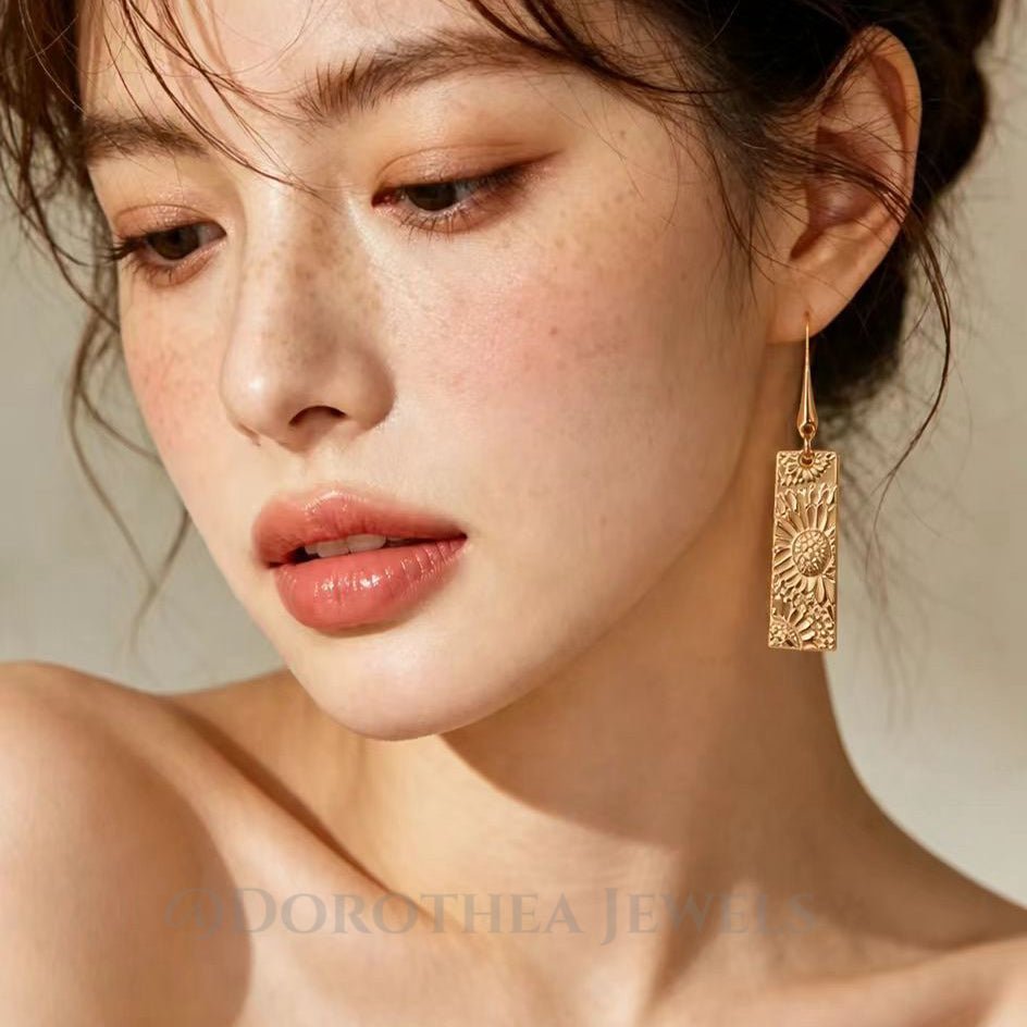 Sunflower Embossed Bar Drop Earrings - Vintage Gold ｜ 925 Silver - DOROTHEA JEWELS