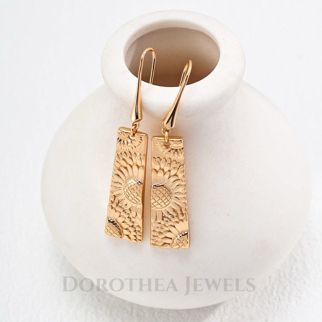 Sunflower Embossed Bar Drop Earrings - Vintage Gold ｜ 925 Silver - DOROTHEA JEWELS