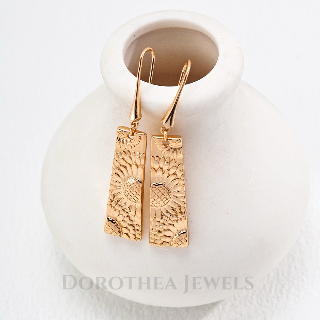 Sunflower Embossed Bar Drop Earrings - Vintage Gold ｜ 925 Silver - DOROTHEA JEWELS