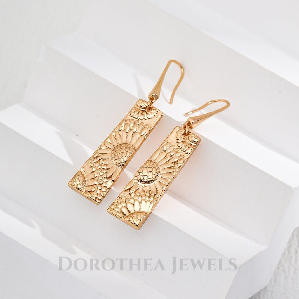 Sunflower Embossed Bar Drop Earrings - Vintage Gold ｜ 925 Silver - DOROTHEA JEWELS