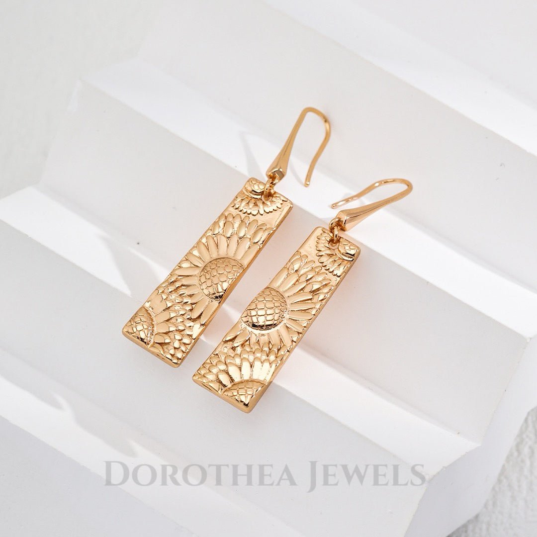 Sunflower Embossed Bar Drop Earrings - Vintage Gold ｜ 925 Silver - DOROTHEA JEWELS