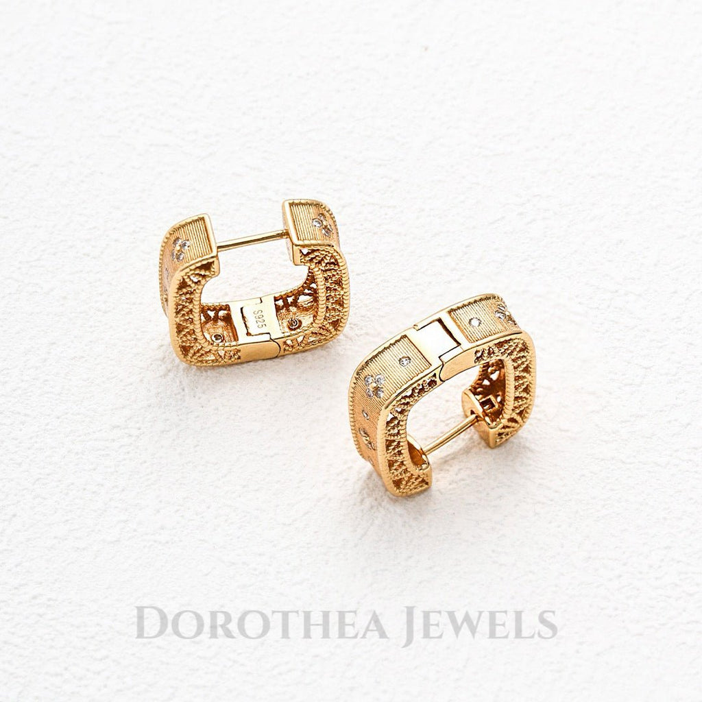 Vintage Lattice Square Hoop Earrings with Zircon Accents - 925 Silver 18K Gold Plated - DOROTHEA JEWELS