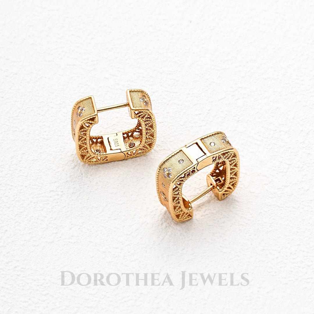 Vintage Lattice Square Hoop Earrings with Zircon Accents - 925 Silver 18K Gold Plated - DOROTHEA JEWELS