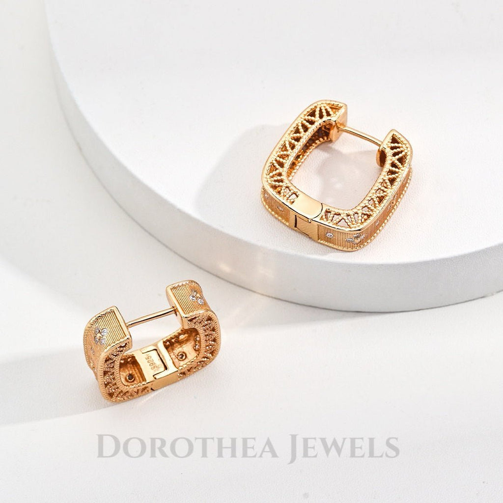 Vintage Lattice Square Hoop Earrings with Zircon Accents - 925 Silver 18K Gold Plated - DOROTHEA JEWELS