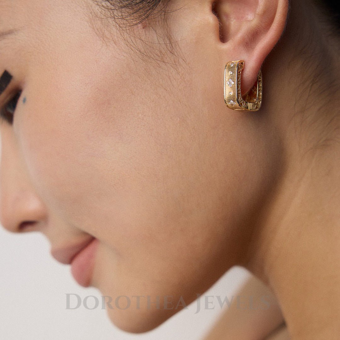 Vintage Lattice Square Hoop Earrings with Zircon Accents - 925 Silver 18K Gold Plated - DOROTHEA JEWELS
