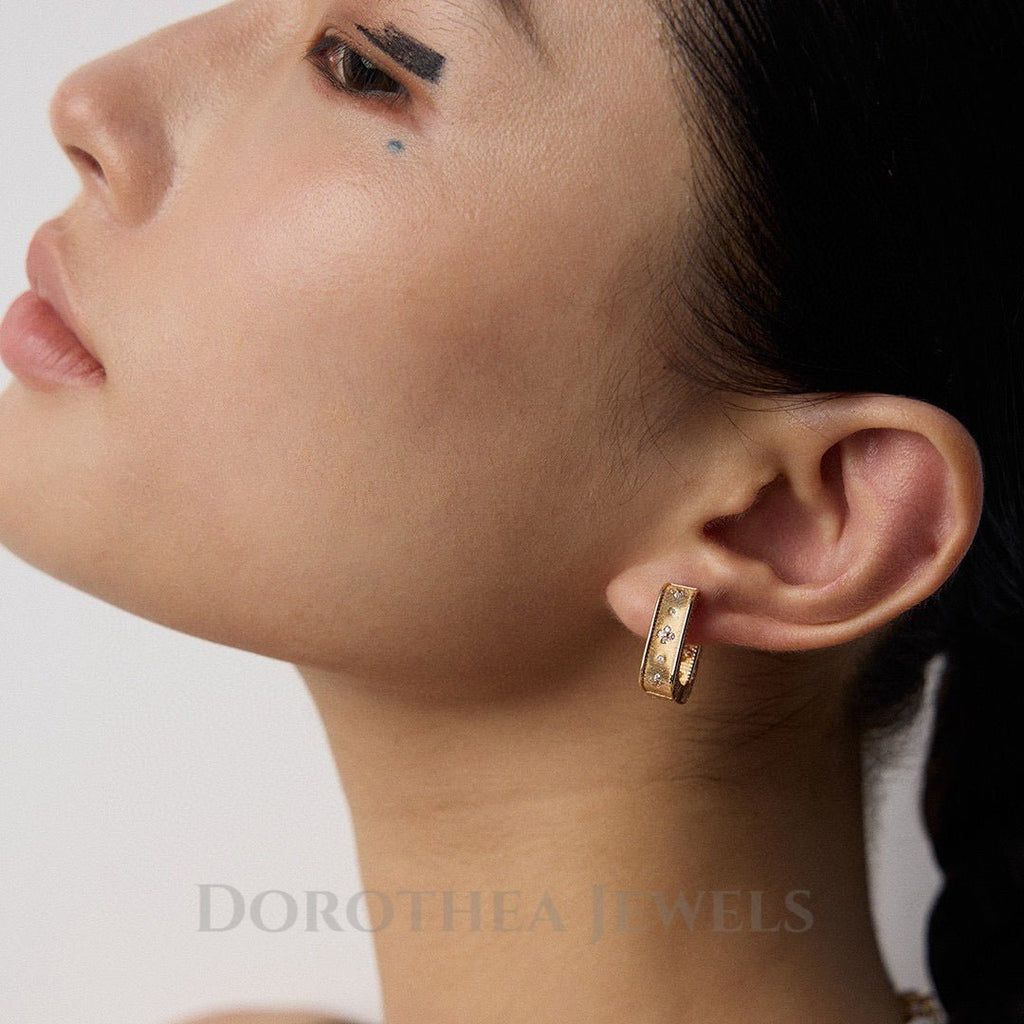 Vintage Lattice Square Hoop Earrings with Zircon Accents - 925 Silver 18K Gold Plated - DOROTHEA JEWELS