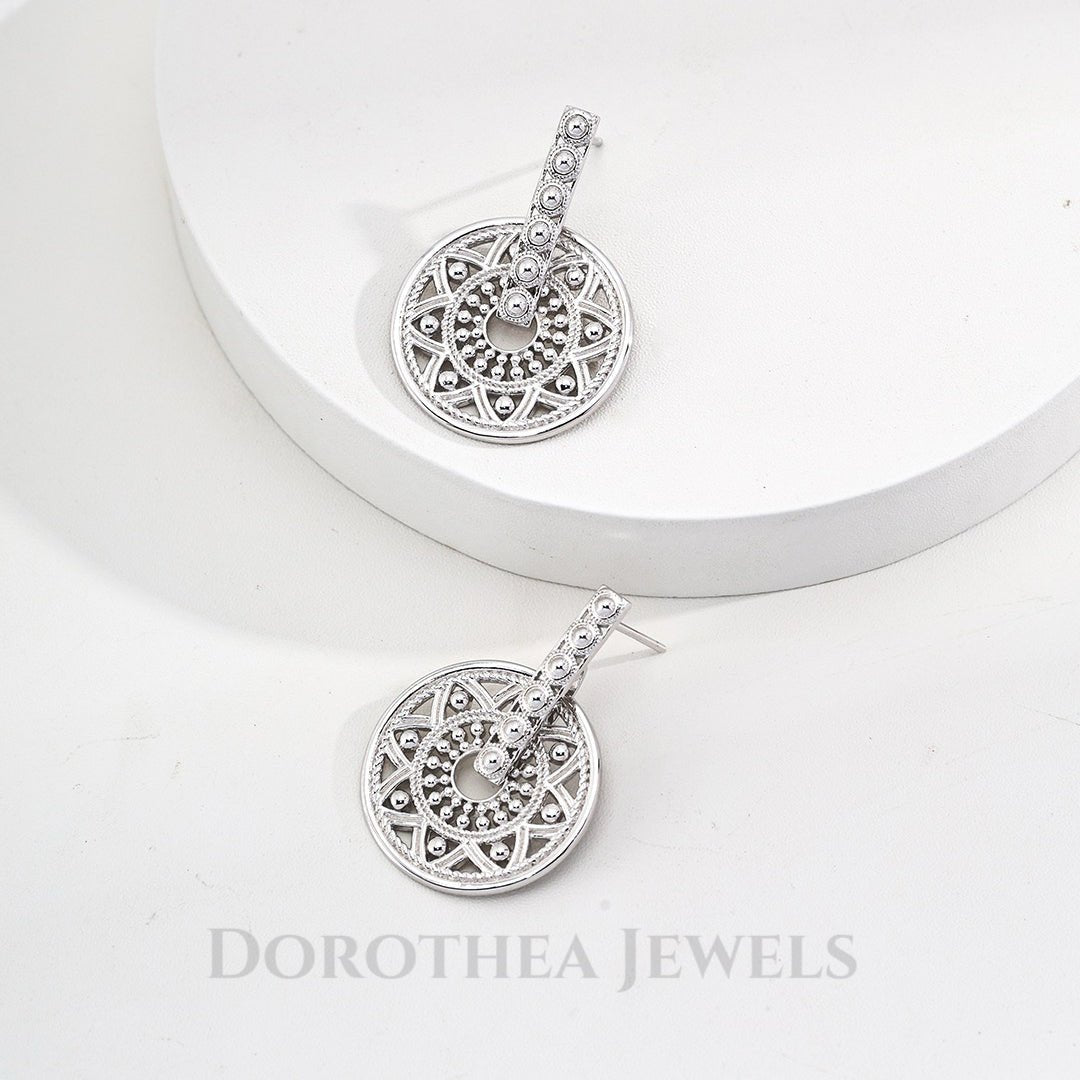 Bohemian Sunburst Filigree Disc Earrings - 925 Silver - DOROTHEA JEWELS