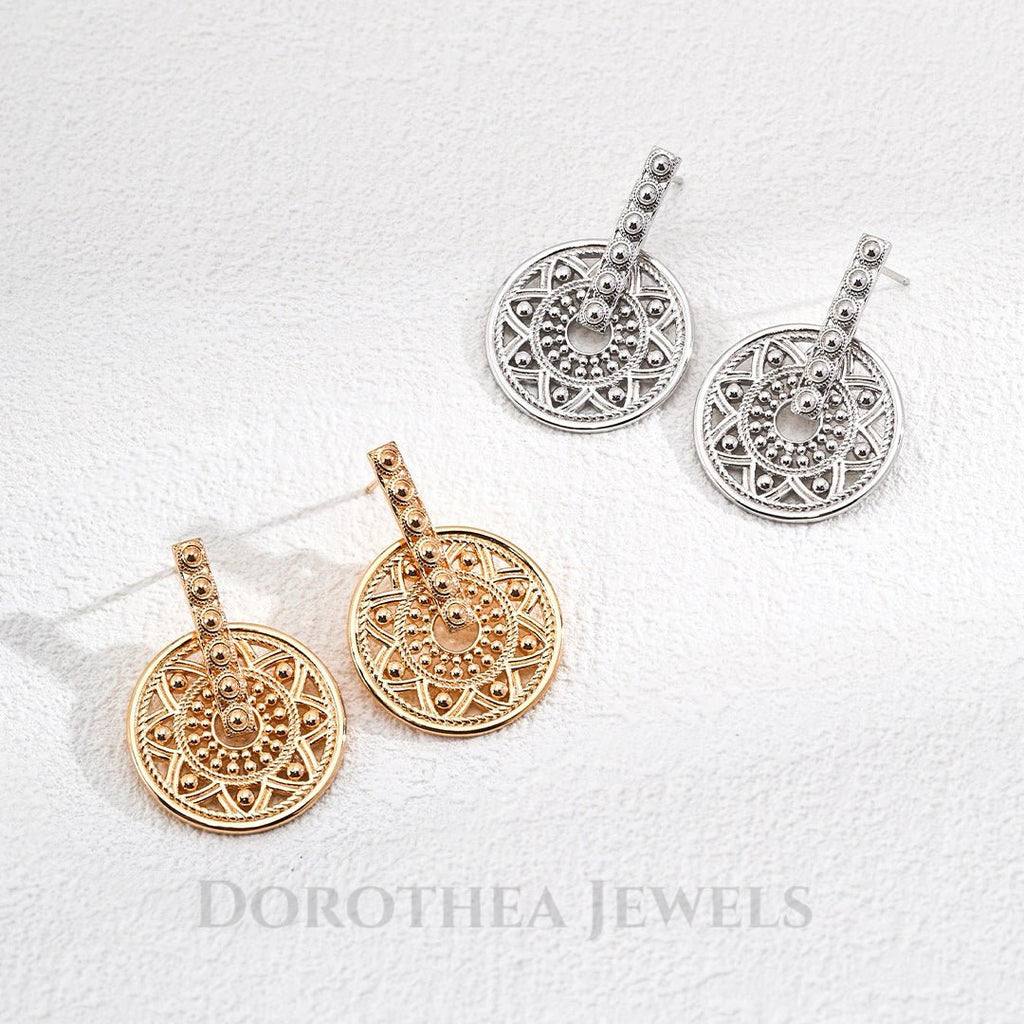 Bohemian Sunburst Filigree Disc Earrings - 925 Silver - DOROTHEA JEWELS