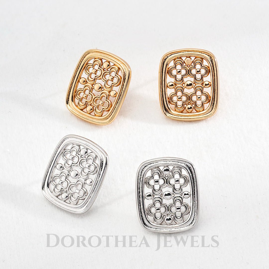 Clover Lattice Square Stud Earrings - 925 Silver - DOROTHEA JEWELS