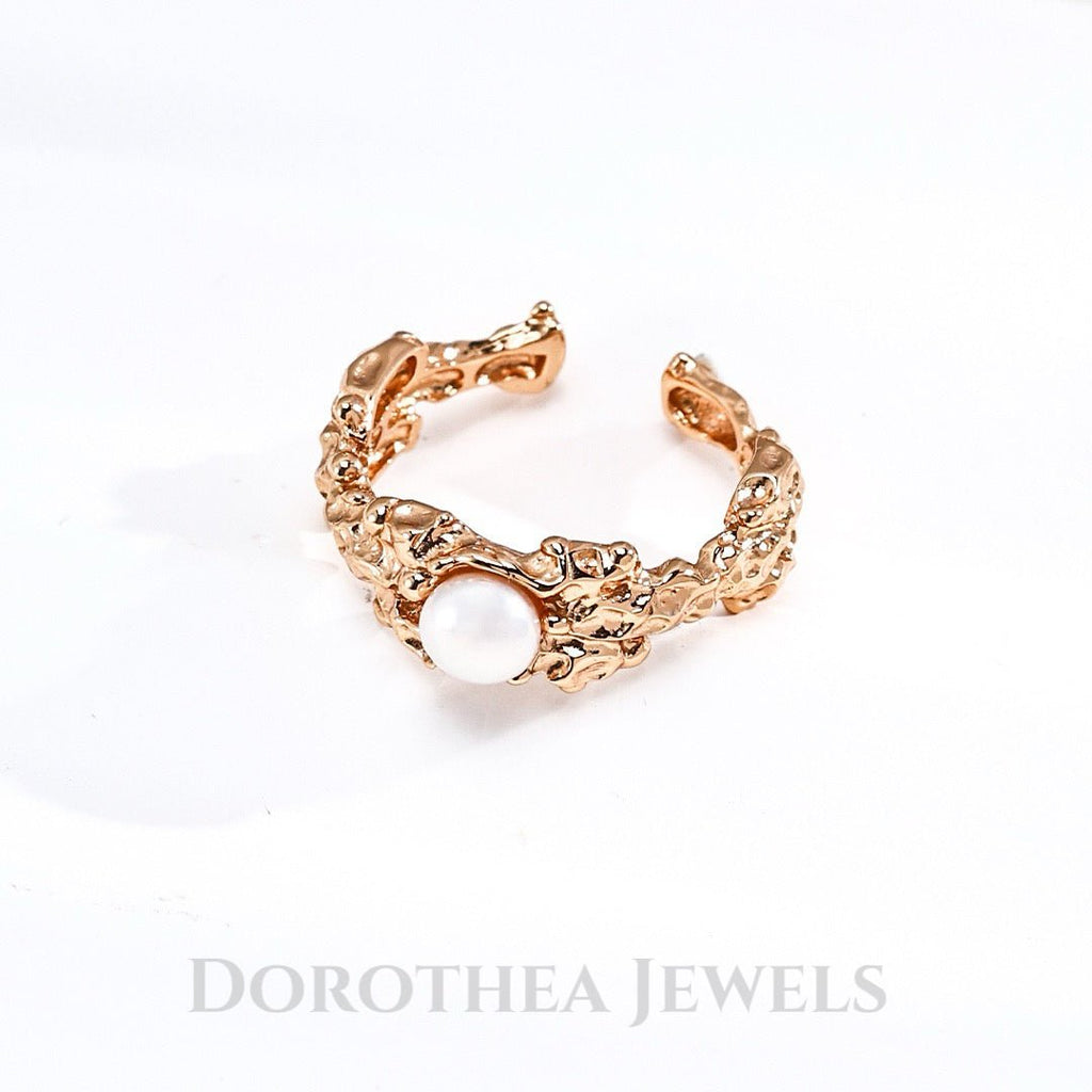 S925 Silver Lava Texture Natural Pearl Open Ring - DOROTHEA JEWELS