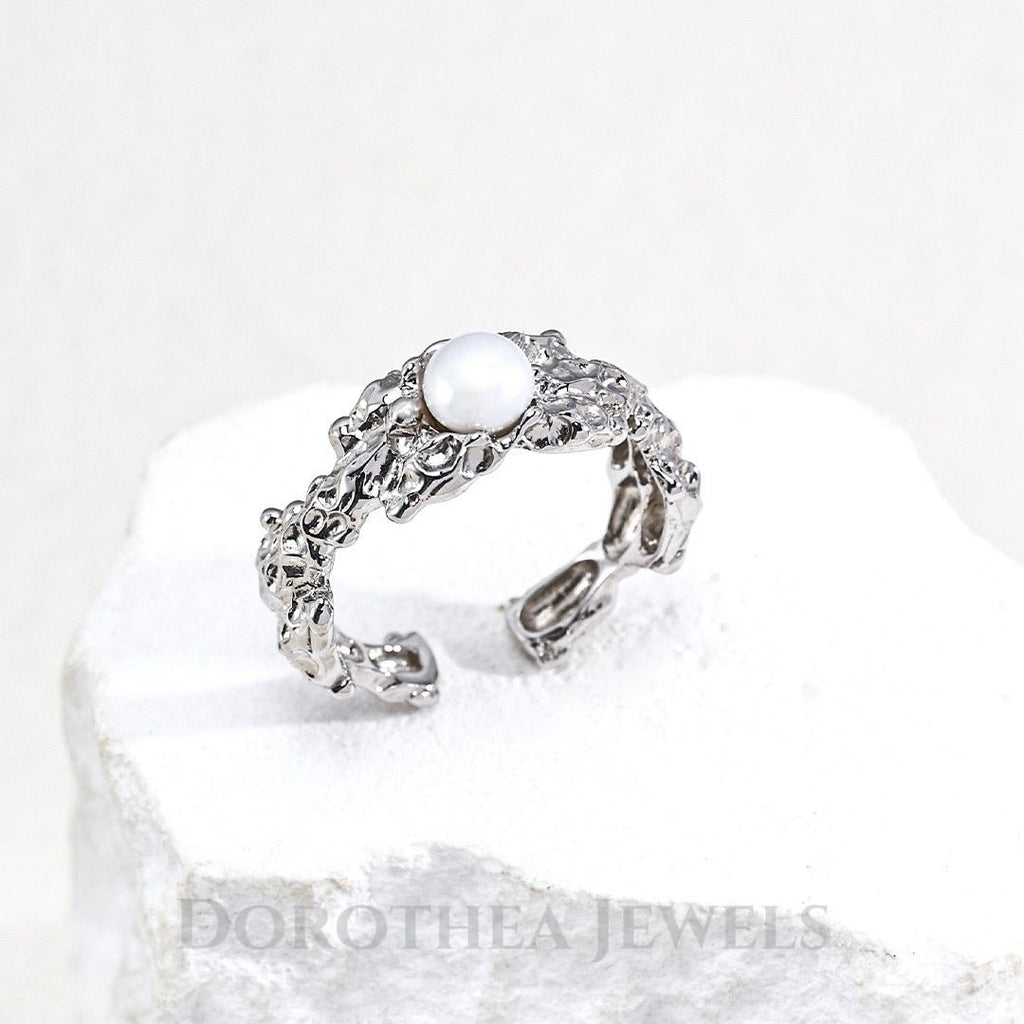 S925 Silver Lava Texture Natural Pearl Open Ring - DOROTHEA JEWELS