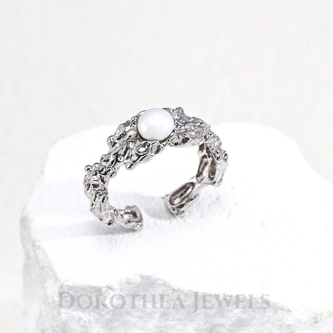 S925 Silver Lava Texture Natural Pearl Open Ring - DOROTHEA JEWELS