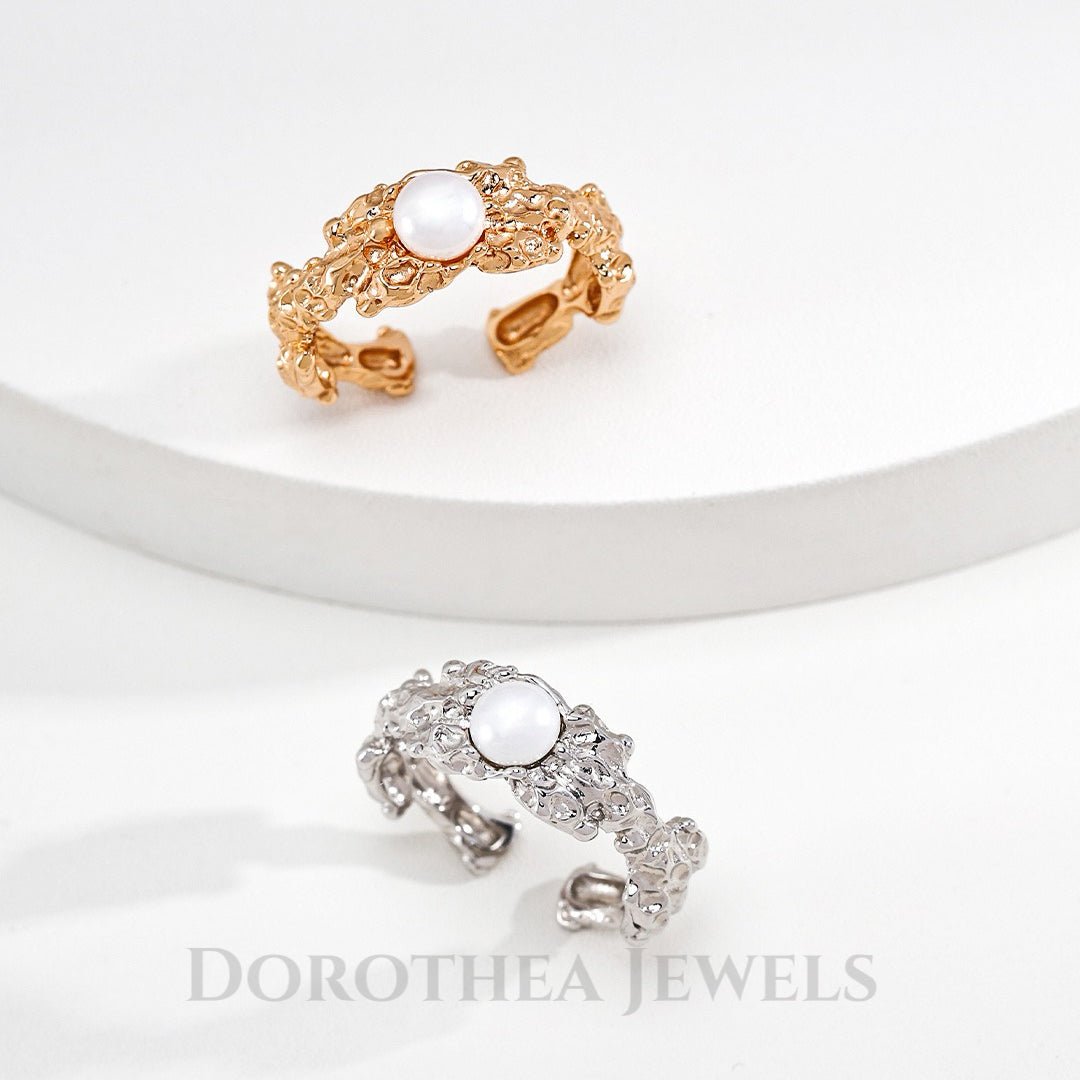 S925 Silver Lava Texture Natural Pearl Open Ring - DOROTHEA JEWELS
