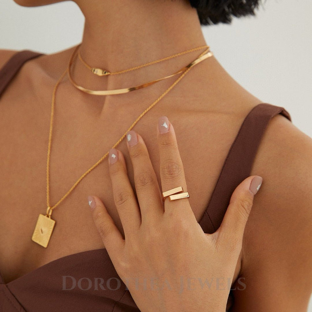 S925 Silver Geometric Open Ring | Adjustable Stackable Band in Vintage Gold / White Gold - DOROTHEA JEWELS