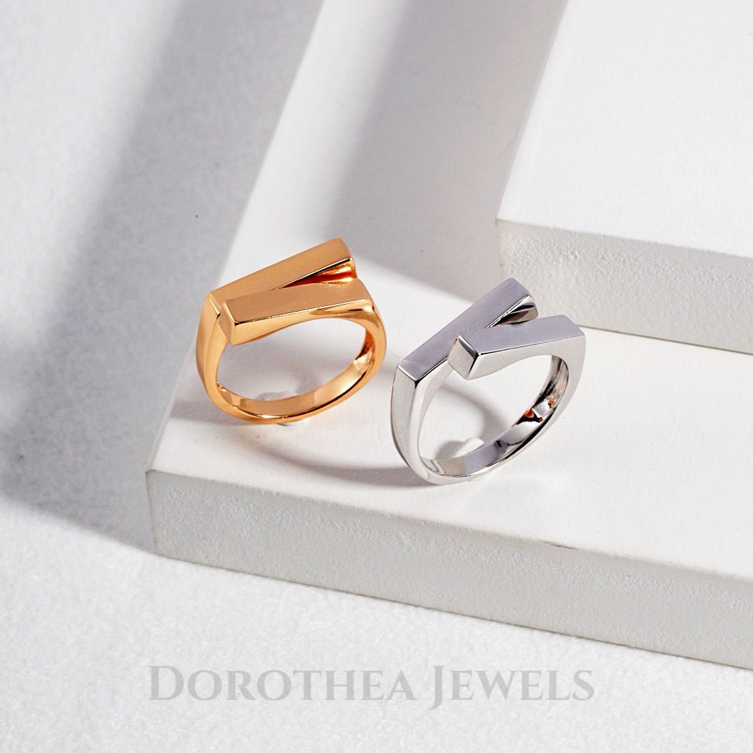 S925 Silver Geometric Open Ring | Adjustable Stackable Band in Vintage Gold / White Gold - DOROTHEA JEWELS