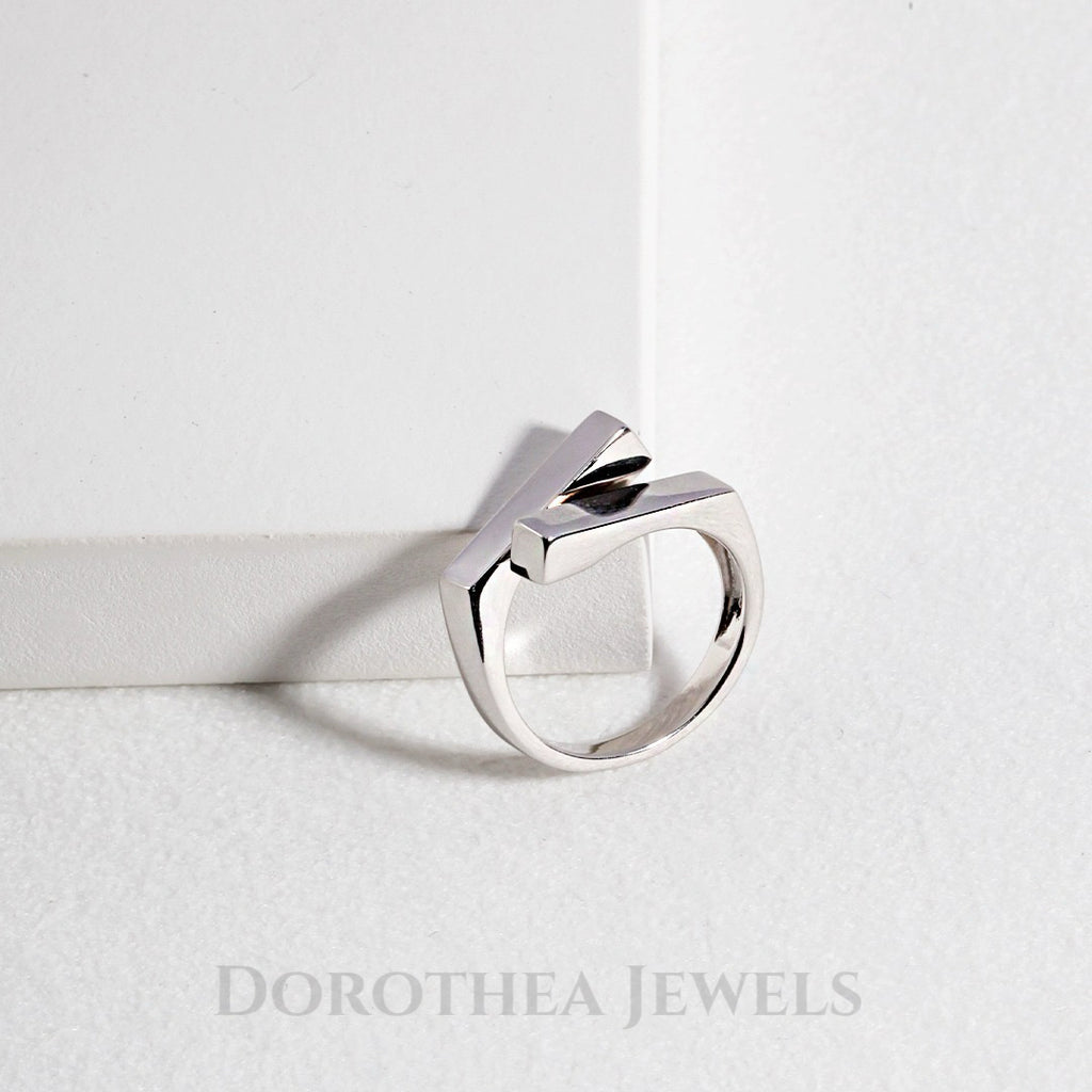 S925 Silver Geometric Open Ring | Adjustable Stackable Band in Vintage Gold / White Gold - DOROTHEA JEWELS