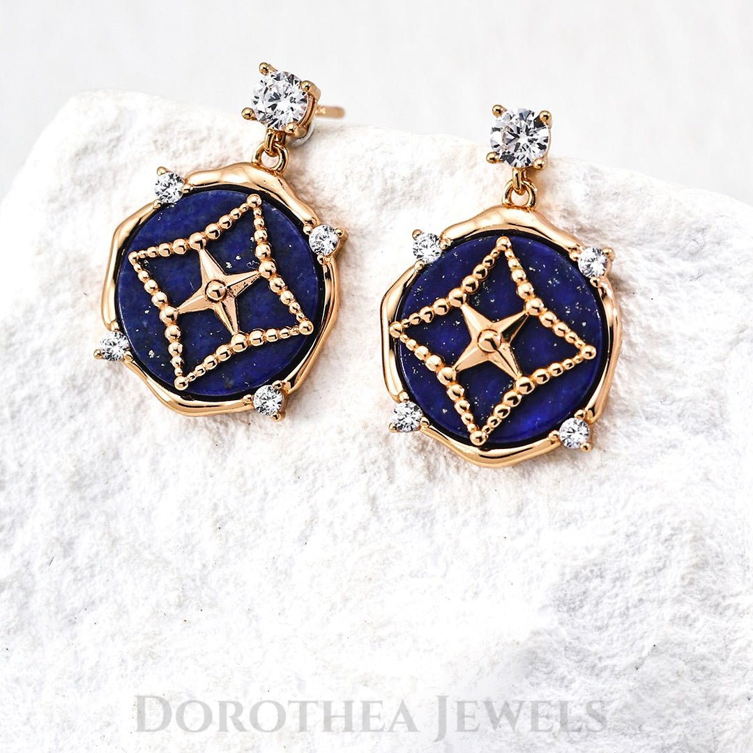 Lapis Lazuli Star Motif Jewelry Set | S925 Silver Necklace & Earrings in Vintage Gold - DOROTHEA JEWELS