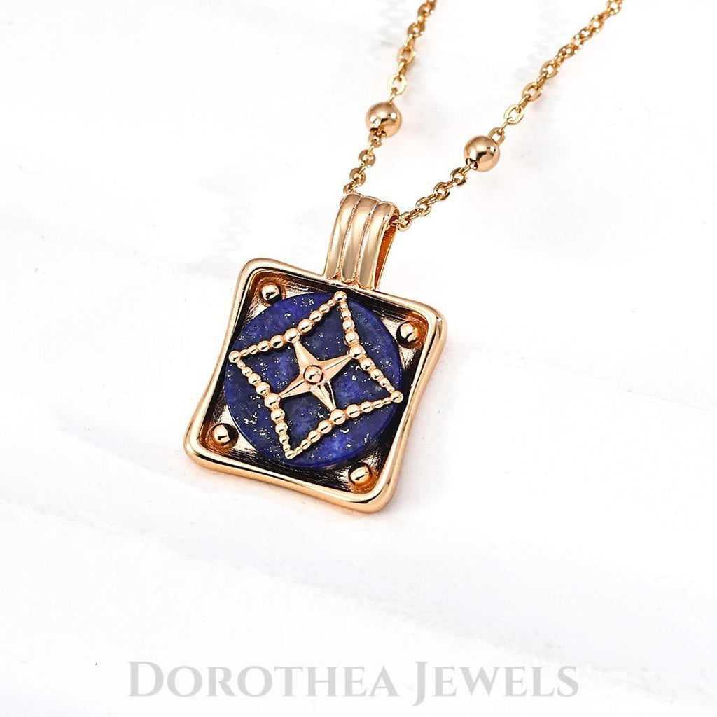 Lapis Lazuli Star Motif Jewelry Set | S925 Silver Necklace & Earrings in Vintage Gold - DOROTHEA JEWELS