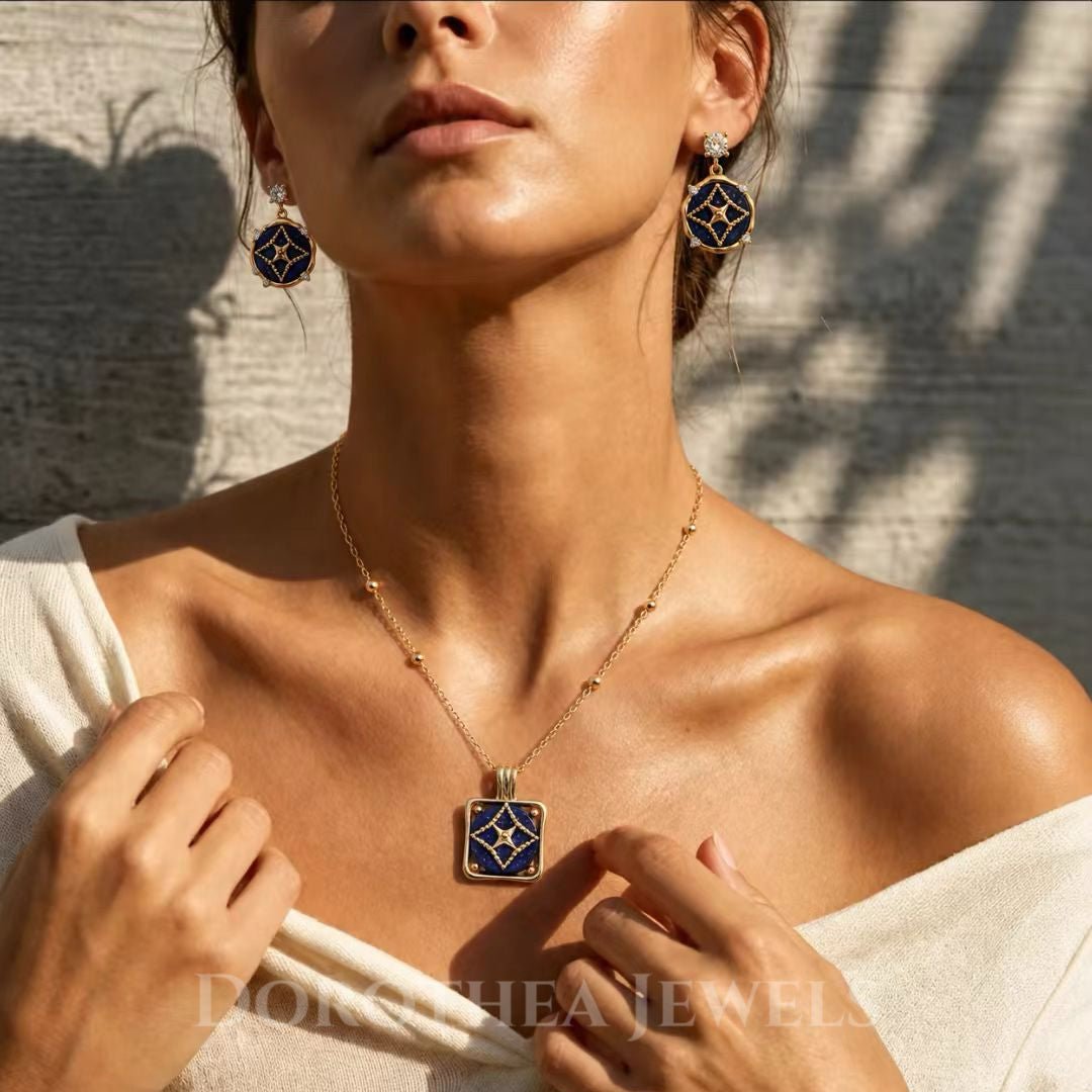 Lapis Lazuli Star Motif Jewelry Set | S925 Silver Necklace & Earrings in Vintage Gold - DOROTHEA JEWELS