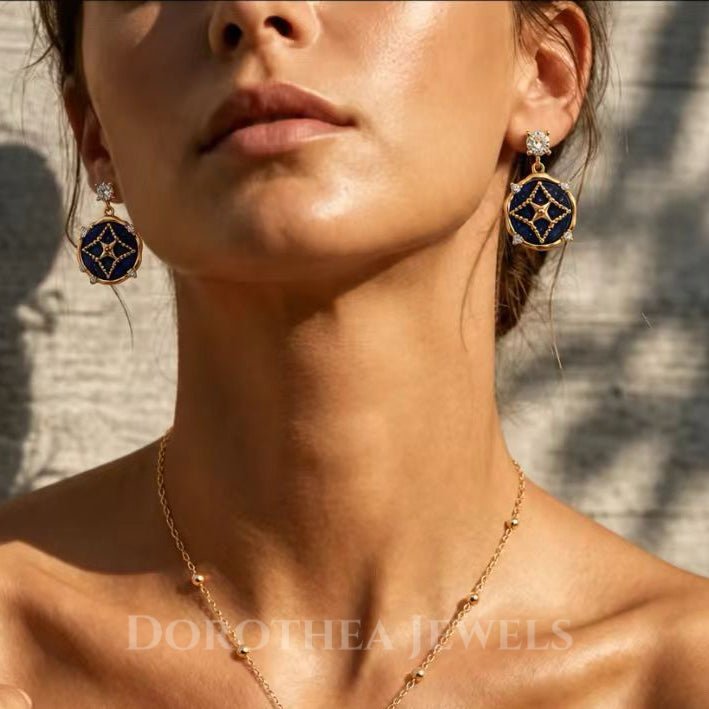 Lapis Lazuli Star Motif Jewelry Set | S925 Silver Necklace & Earrings in Vintage Gold - DOROTHEA JEWELS