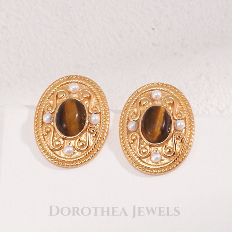 Tiger's Eye & Pearl Vintage Stud Earrings - DOROTHEA JEWELS